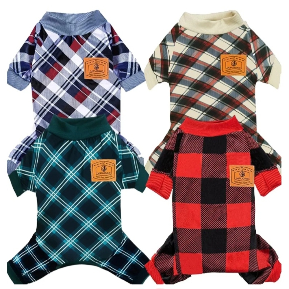 Plaid Dog Jumpsuit Set - Blue, Cream, Green, Red
